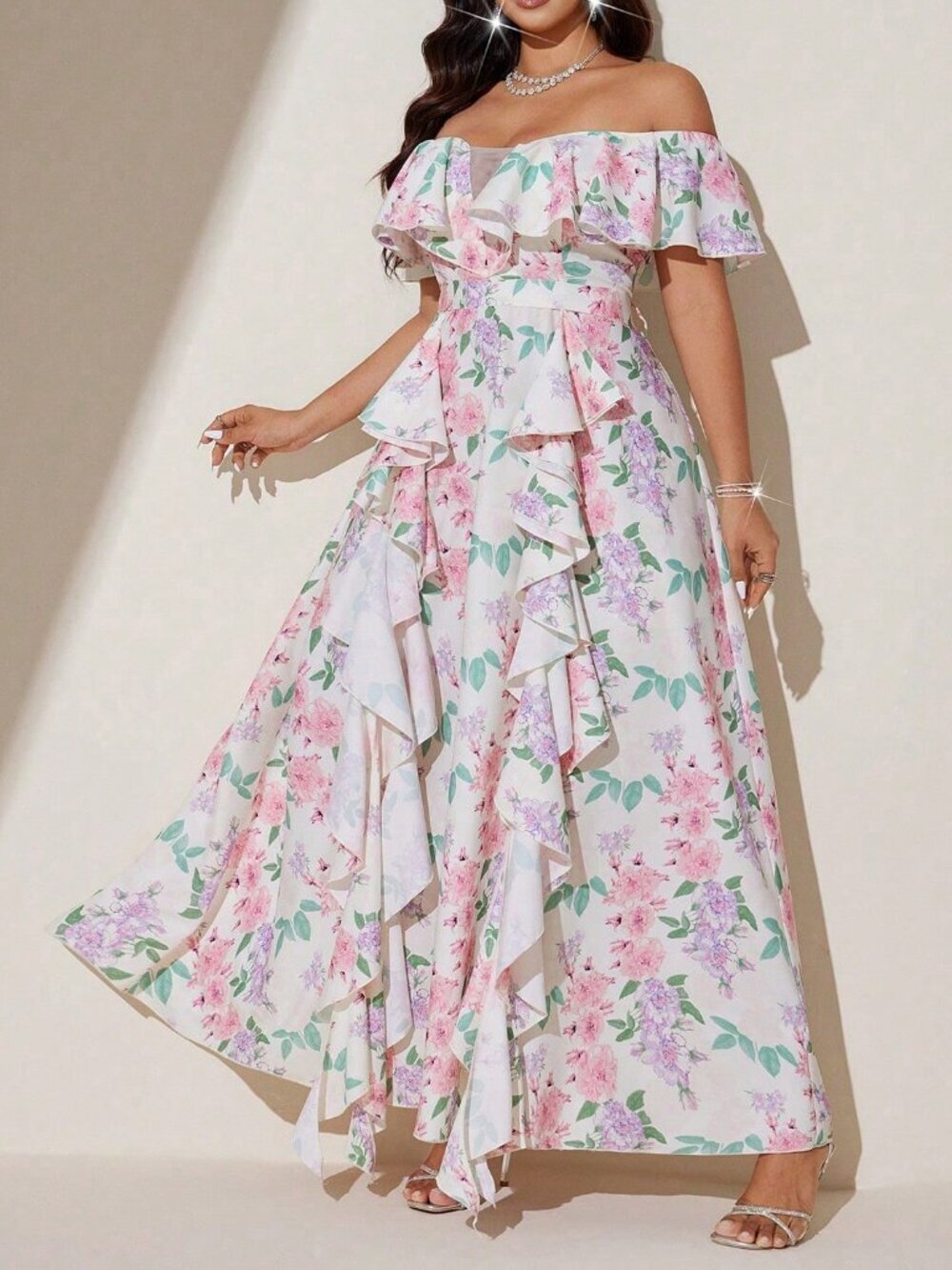 Multicolor Boho Women's Plus Size Off Shoulder Floral Ruffle Detail Maxi Dress - Picture 3 of 6